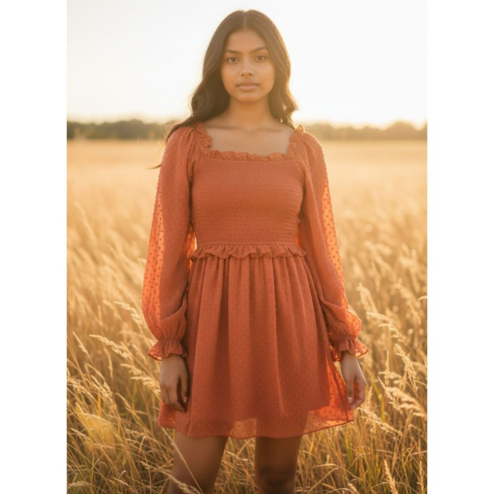 Anthropologie Entro Sheer Swiss Dot Mini Dress Smocked Boho Coral Orange Size S